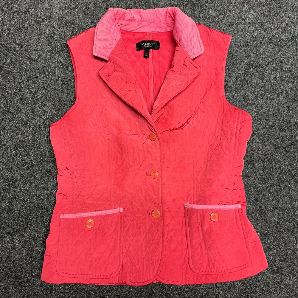 Talbots Quilted Vest Large Pink Corduroy Collar Equestrian Preppy Barn Jacket